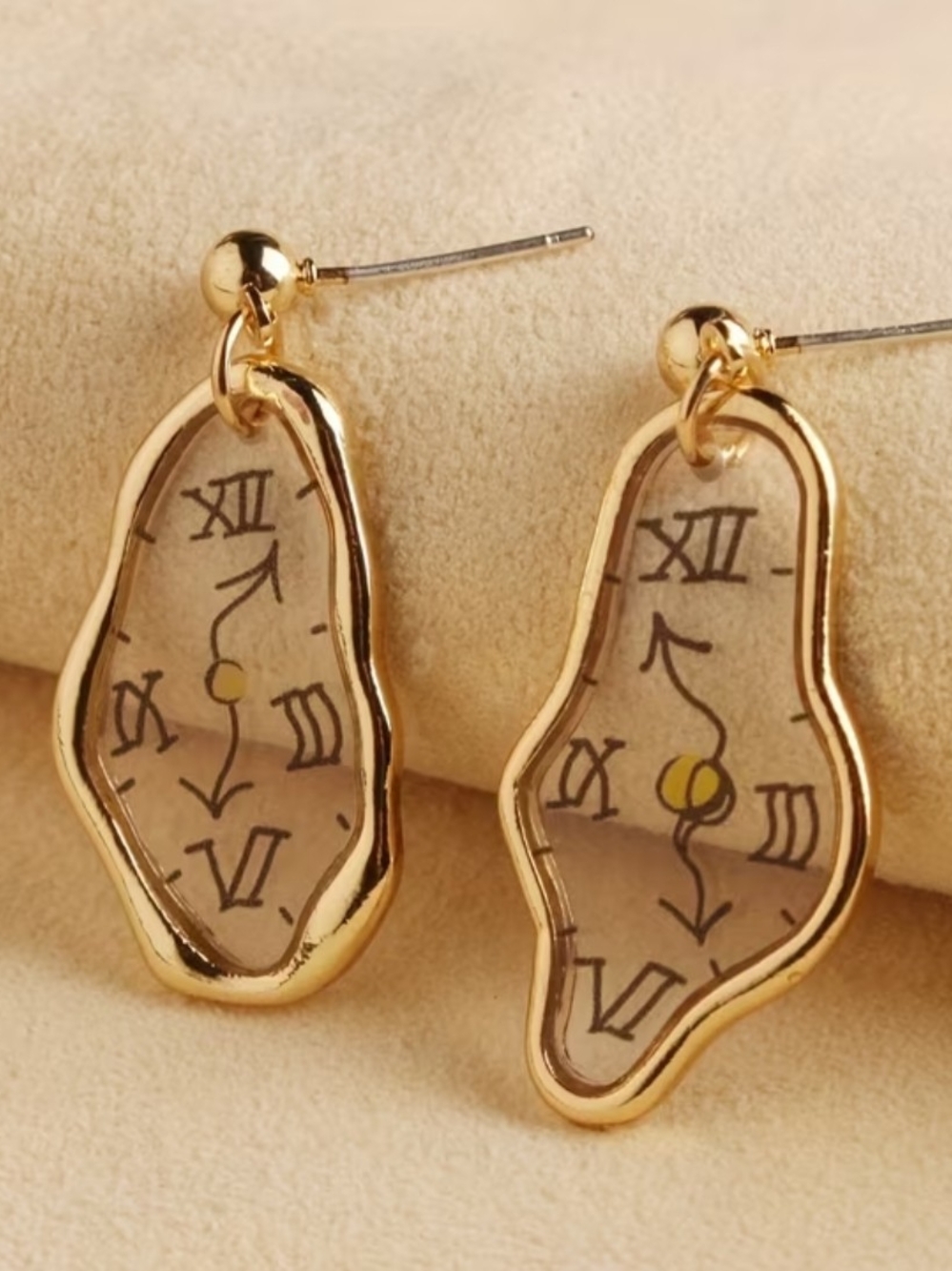 Gold-tone Surreal Clock Face Drop Earrings - Women Jewelry
